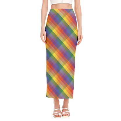Rainbow LGBT Plaid Pattern Print Side Slit Maxi Skirt