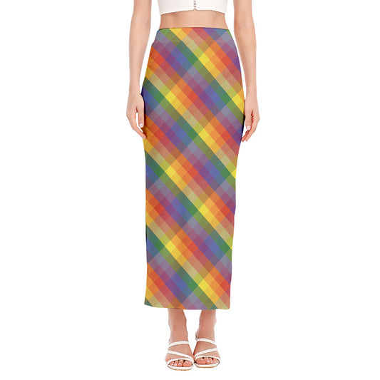 Rainbow LGBT Plaid Pattern Print Side Slit Maxi Skirt