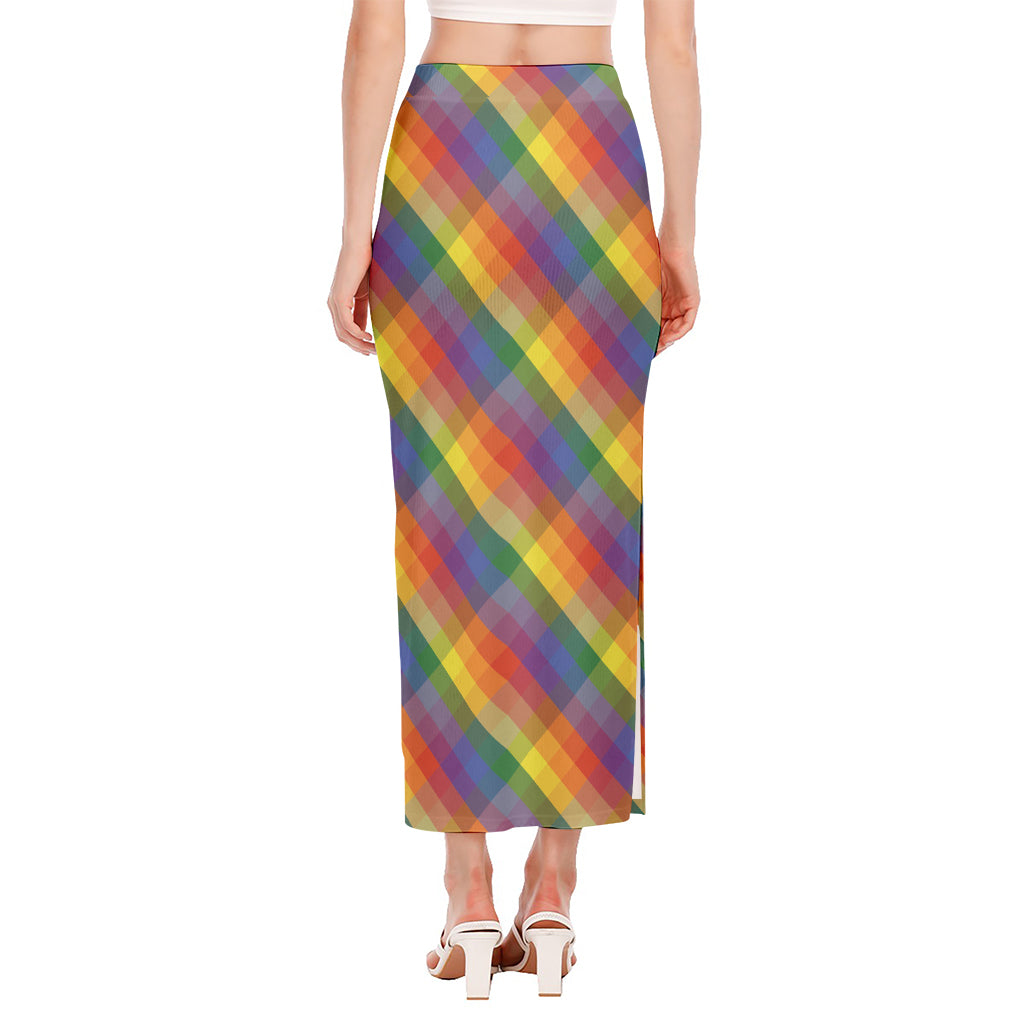 Rainbow LGBT Plaid Pattern Print Side Slit Maxi Skirt