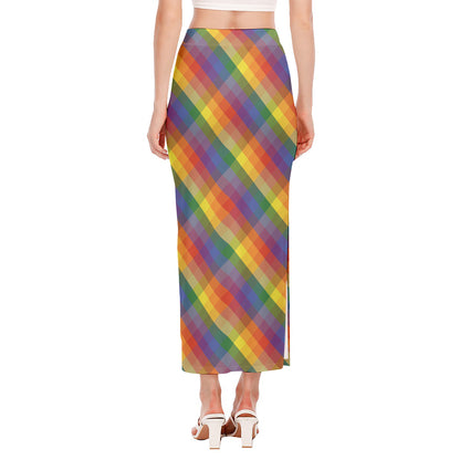 Rainbow LGBT Plaid Pattern Print Side Slit Maxi Skirt