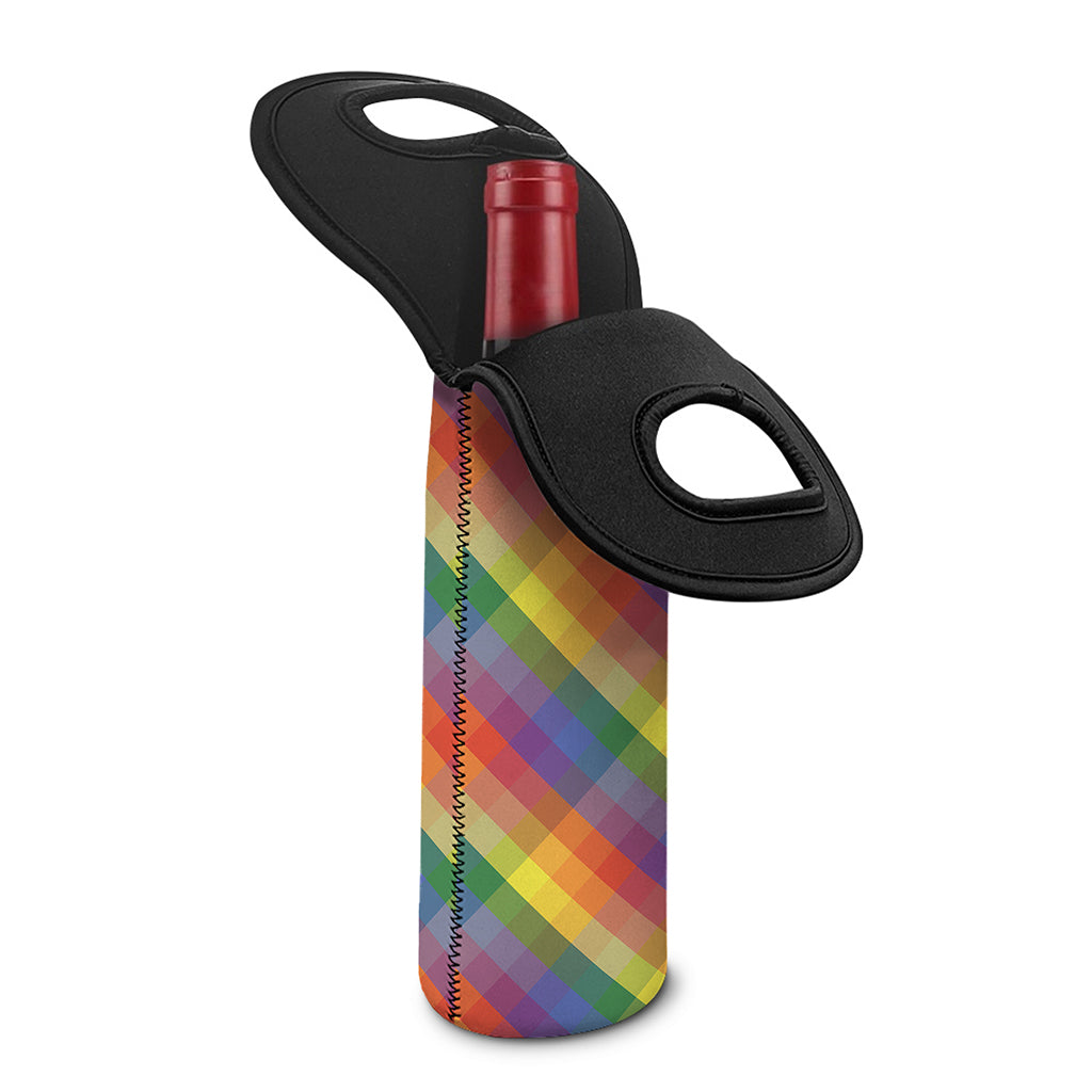 Rainbow LGBT Plaid Pattern Print Single Neoprene Wine Tote