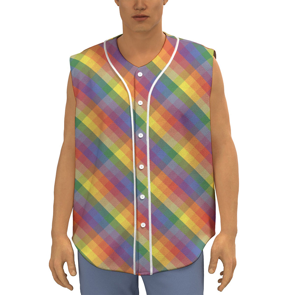 Rainbow LGBT Plaid Pattern Print Sleeveless Baseball Jersey