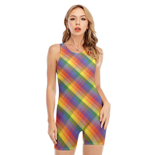 Rainbow LGBT Plaid Pattern Print Sleeveless One Piece Swimsuit