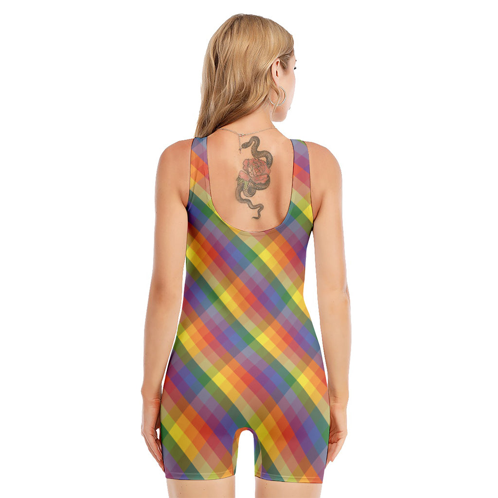 Rainbow LGBT Plaid Pattern Print Sleeveless One Piece Swimsuit