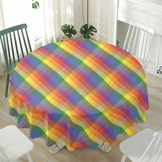 Rainbow LGBT Plaid Pattern Print Waterproof Round Tablecloth