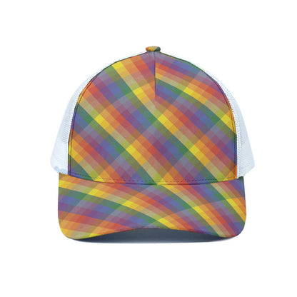 Rainbow LGBT Plaid Pattern Print White Mesh Trucker Cap