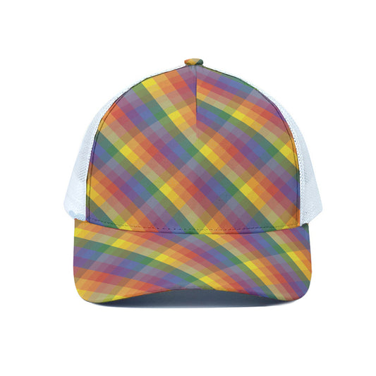 Rainbow LGBT Plaid Pattern Print White Mesh Trucker Cap