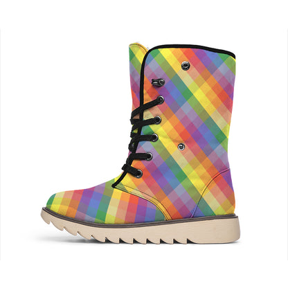 Rainbow LGBT Plaid Pattern Print Winter Boots