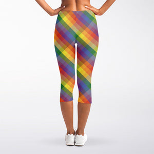 Rainbow LGBT Plaid Pattern Print Women's Capri Leggings