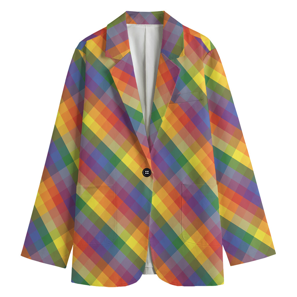 Rainbow LGBT Plaid Pattern Print Women's Cotton Blazer