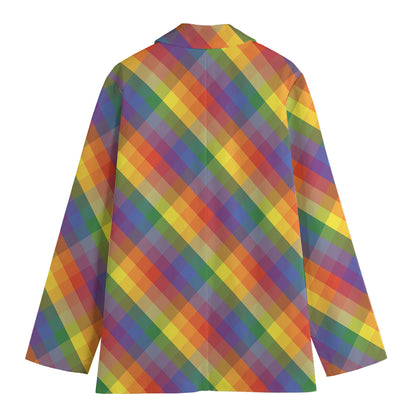 Rainbow LGBT Plaid Pattern Print Women's Cotton Blazer