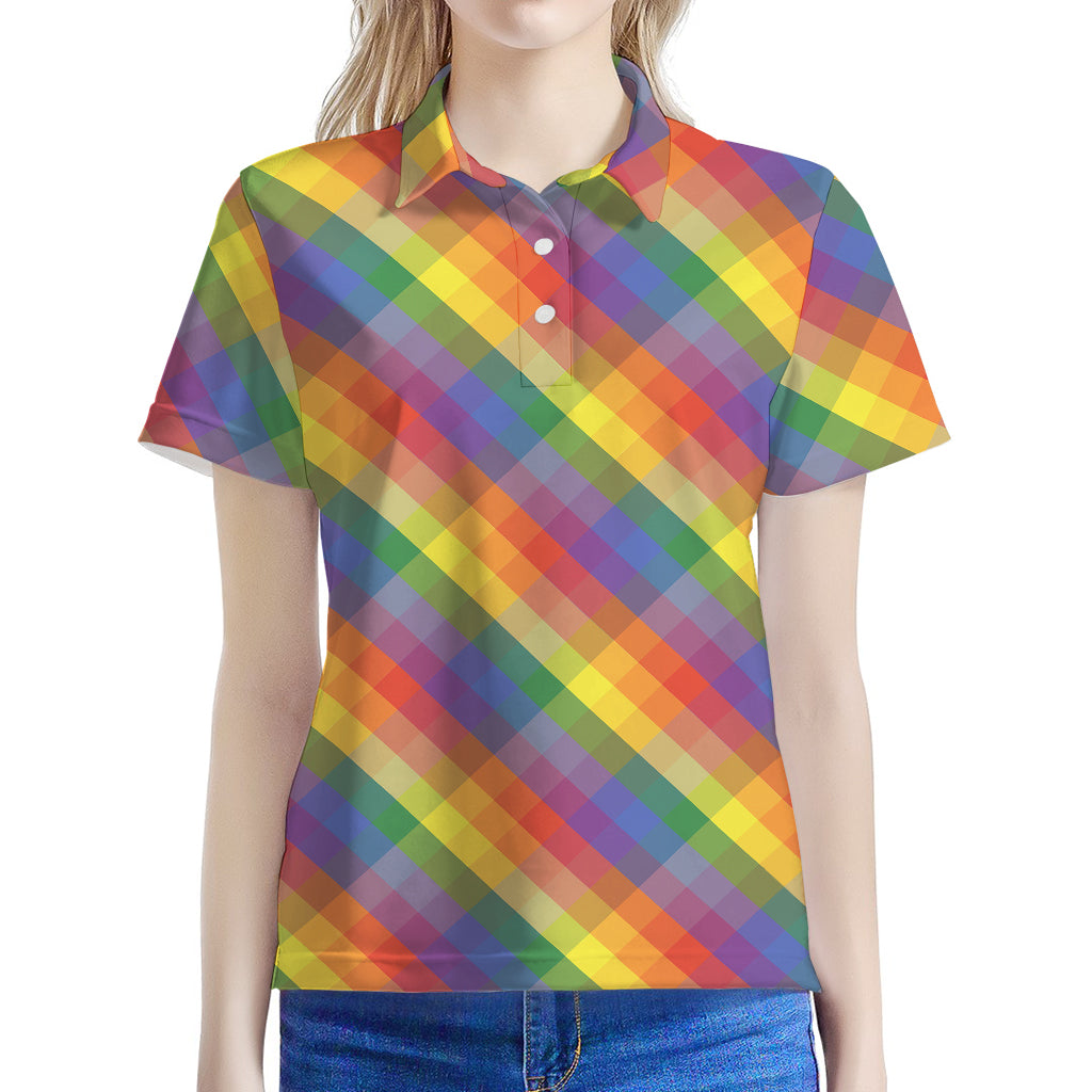 Rainbow LGBT Plaid Pattern Print Women's Polo Shirt