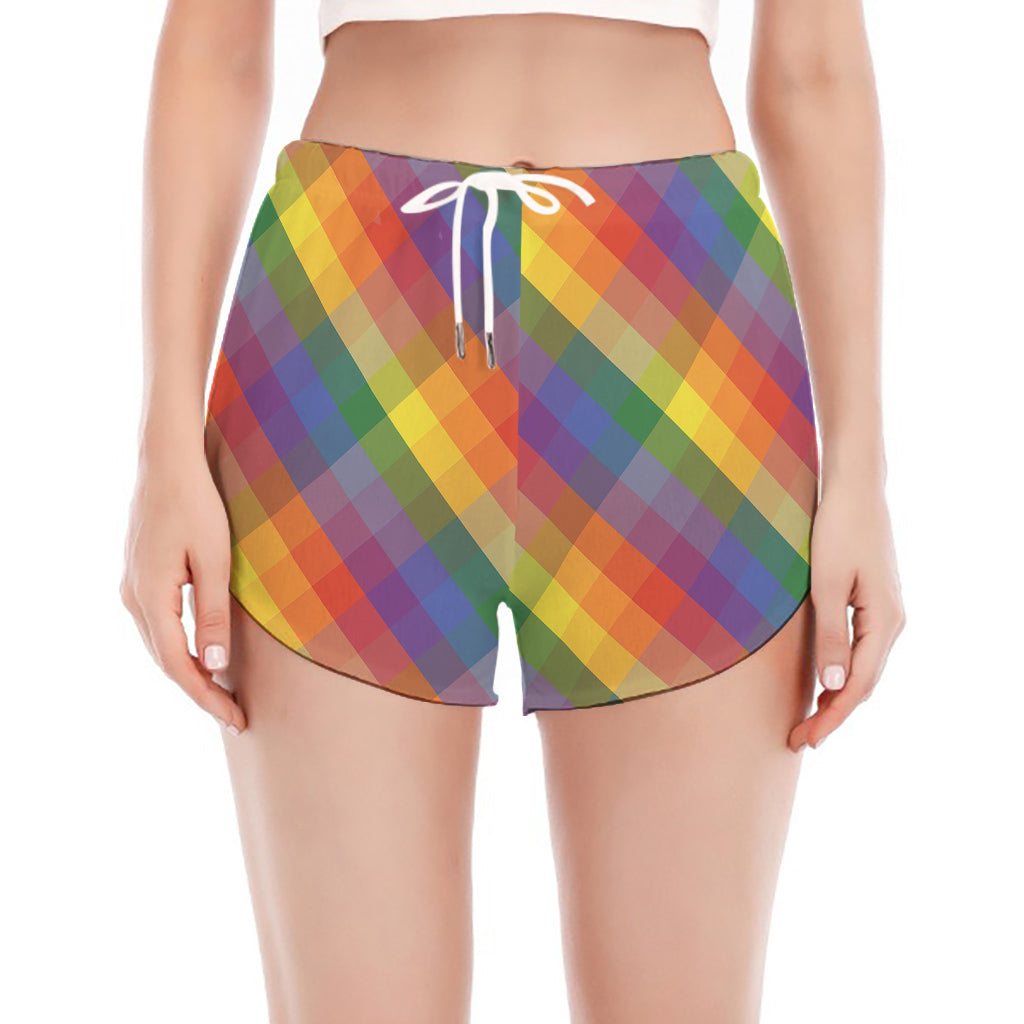 Rainbow LGBT Plaid Pattern Print Women's Split Running Shorts