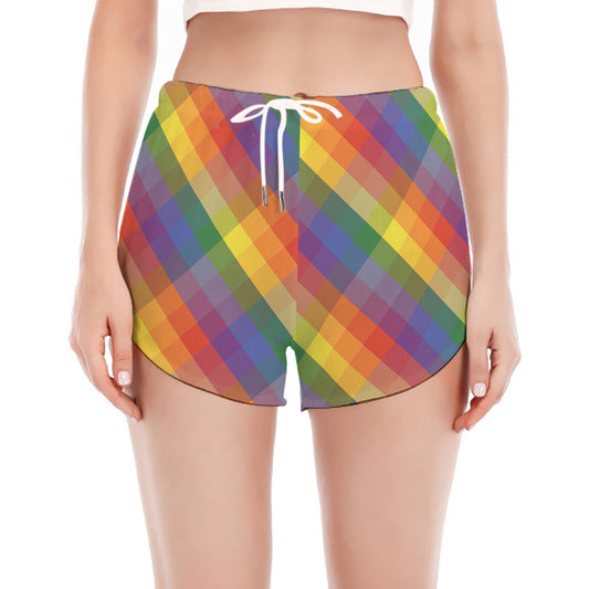 Rainbow LGBT Plaid Pattern Print Women's Split Running Shorts