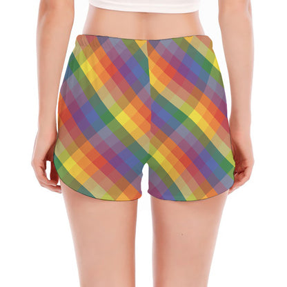 Rainbow LGBT Plaid Pattern Print Women's Split Running Shorts