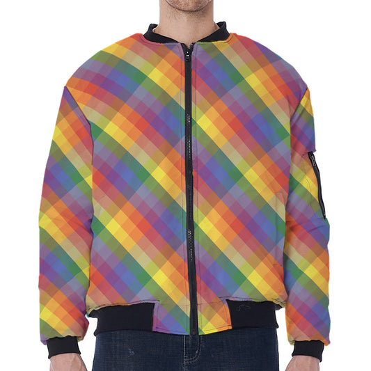 Rainbow LGBT Plaid Pattern Print Zip Sleeve Bomber Jacket