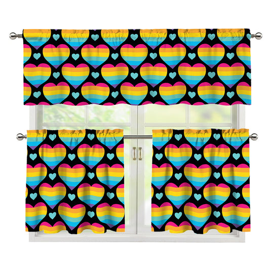 Rainbow LGBT Pride Heart Pattern Print 3 Piece Kitchen Curtains