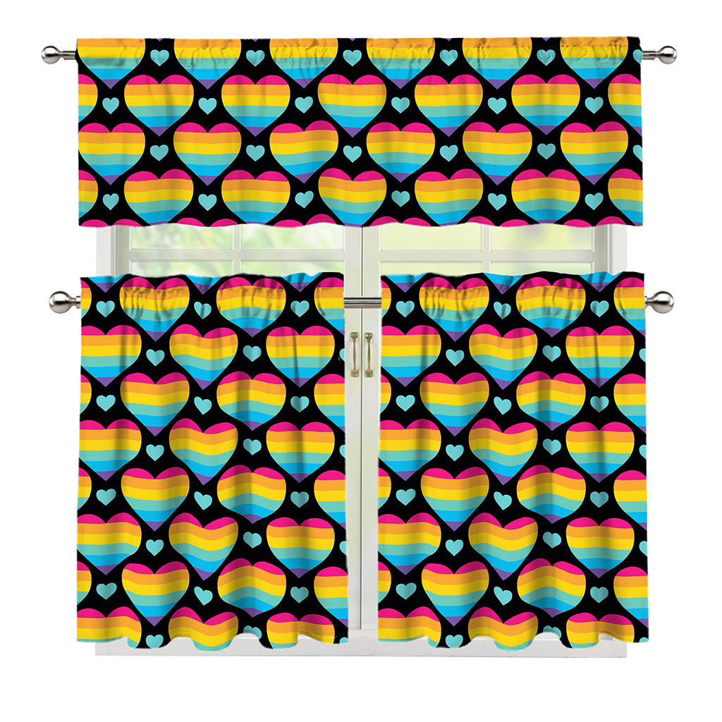 Rainbow LGBT Pride Heart Pattern Print 3 Piece Kitchen Curtains