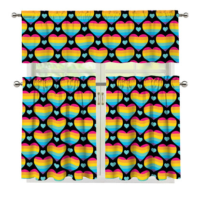 Rainbow LGBT Pride Heart Pattern Print 3 Piece Kitchen Curtains