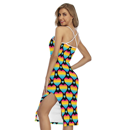 Rainbow LGBT Pride Heart Pattern Print Cross Back Cami Dress