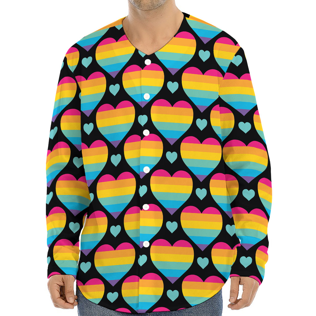 Rainbow LGBT Pride Heart Pattern Print Long Sleeve Baseball Jersey