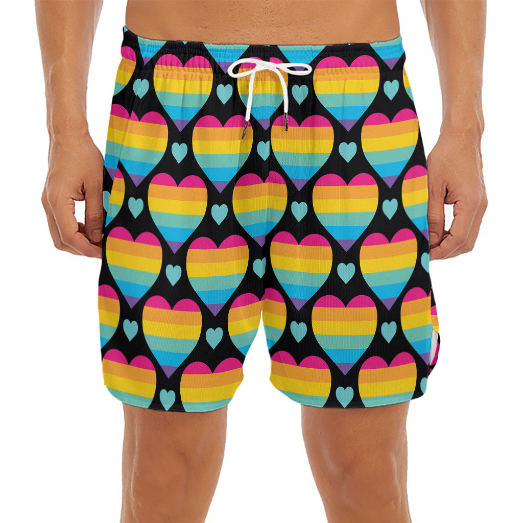 Rainbow LGBT Pride Heart Pattern Print Men's Split Running Shorts