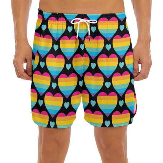 Rainbow LGBT Pride Heart Pattern Print Men's Split Running Shorts