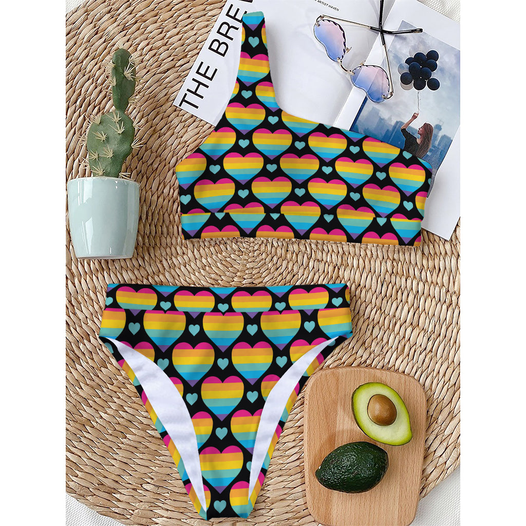Rainbow LGBT Pride Heart Pattern Print One Shoulder Bikini Top