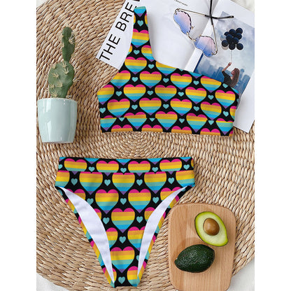 Rainbow LGBT Pride Heart Pattern Print One Shoulder Bikini Top