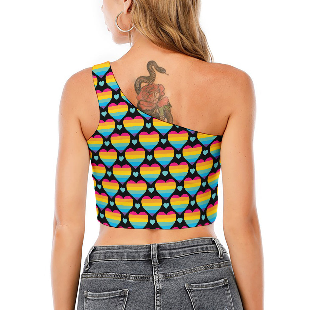 Rainbow LGBT Pride Heart Pattern Print One Shoulder Crop Top