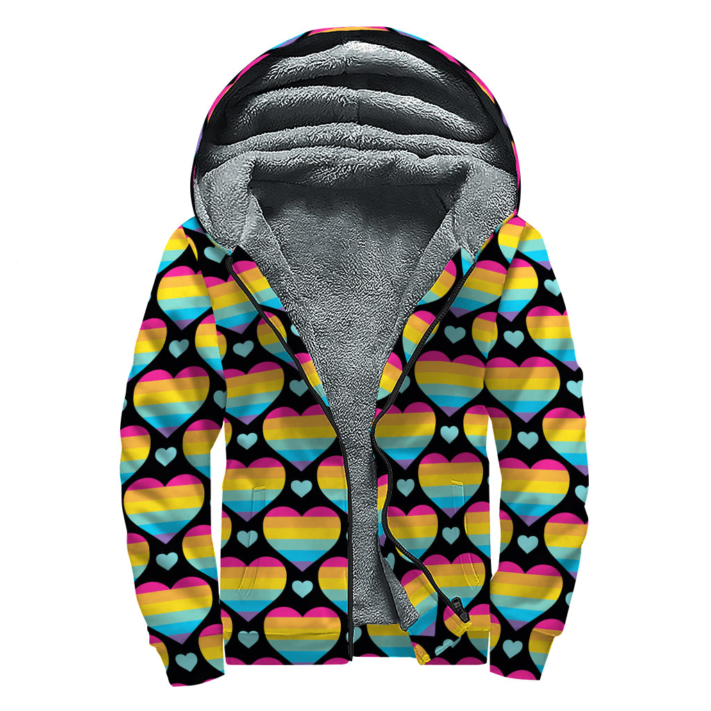 Rainbow LGBT Pride Heart Pattern Print Sherpa Lined Zip Up Hoodie