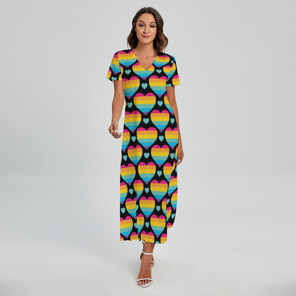 Rainbow LGBT Pride Heart Pattern Print Short Sleeve Maxi Dress