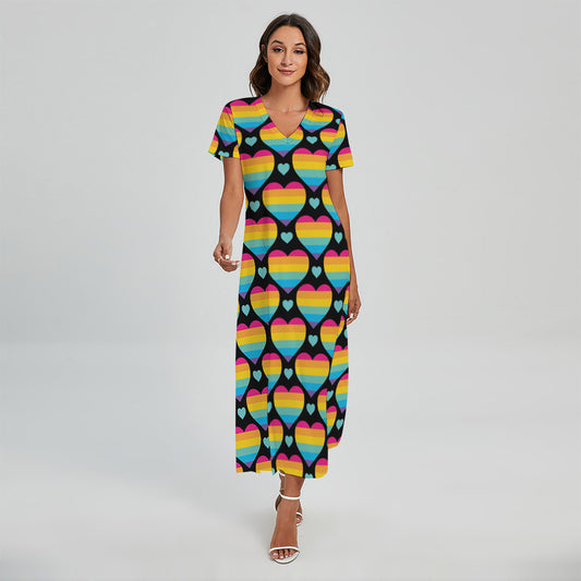 Rainbow LGBT Pride Heart Pattern Print Short Sleeve Maxi Dress
