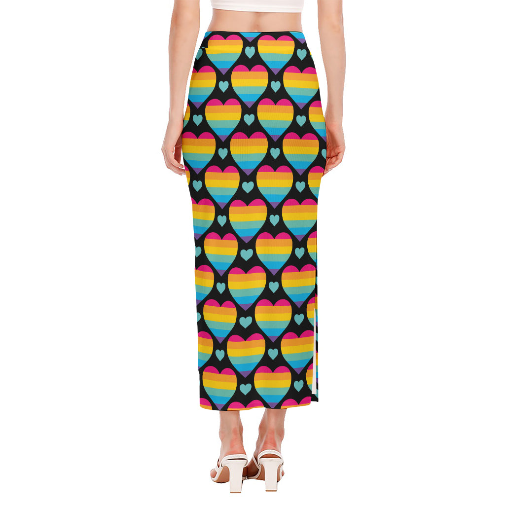 Rainbow LGBT Pride Heart Pattern Print Side Slit Maxi Skirt