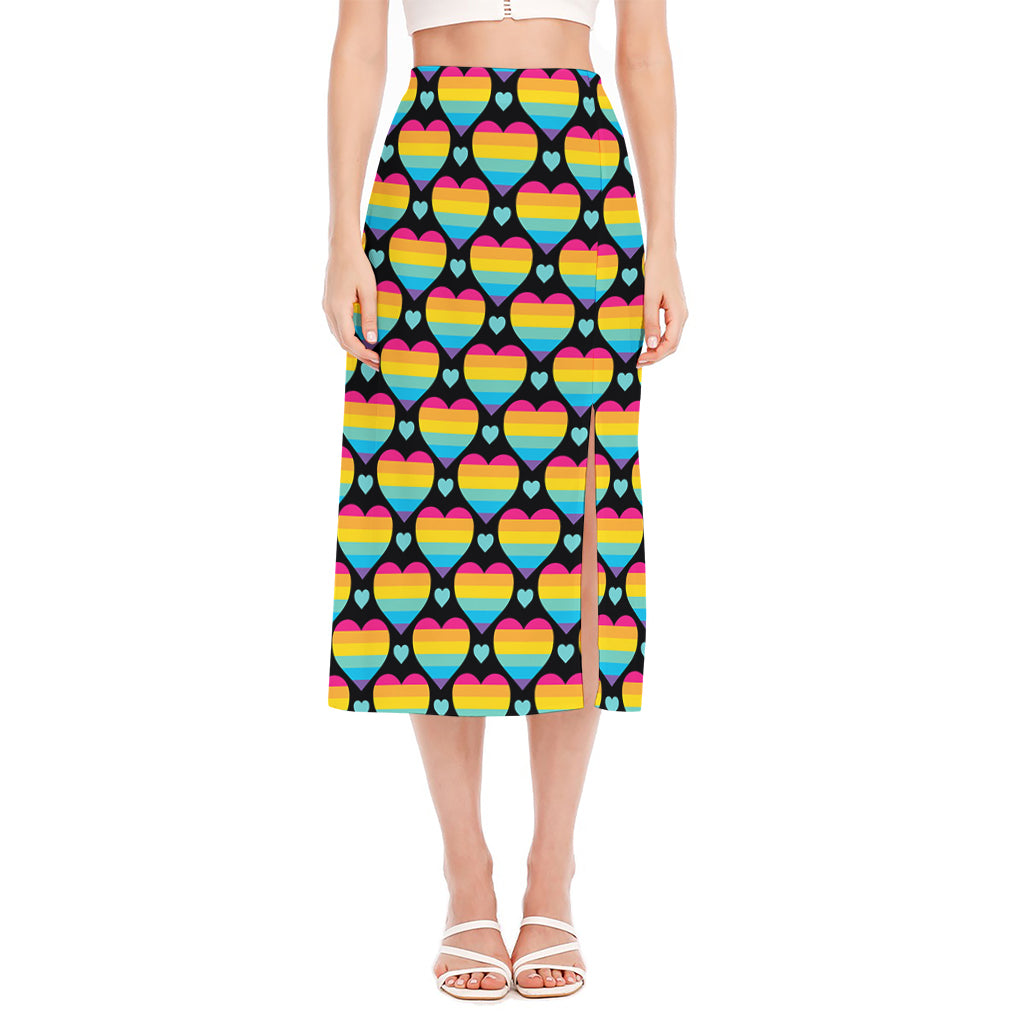 Rainbow LGBT Pride Heart Pattern Print Side Slit Midi Skirt