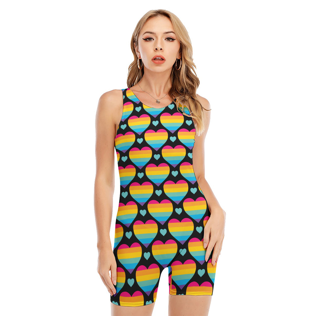 Rainbow LGBT Pride Heart Pattern Print Sleeveless One Piece Swimsuit