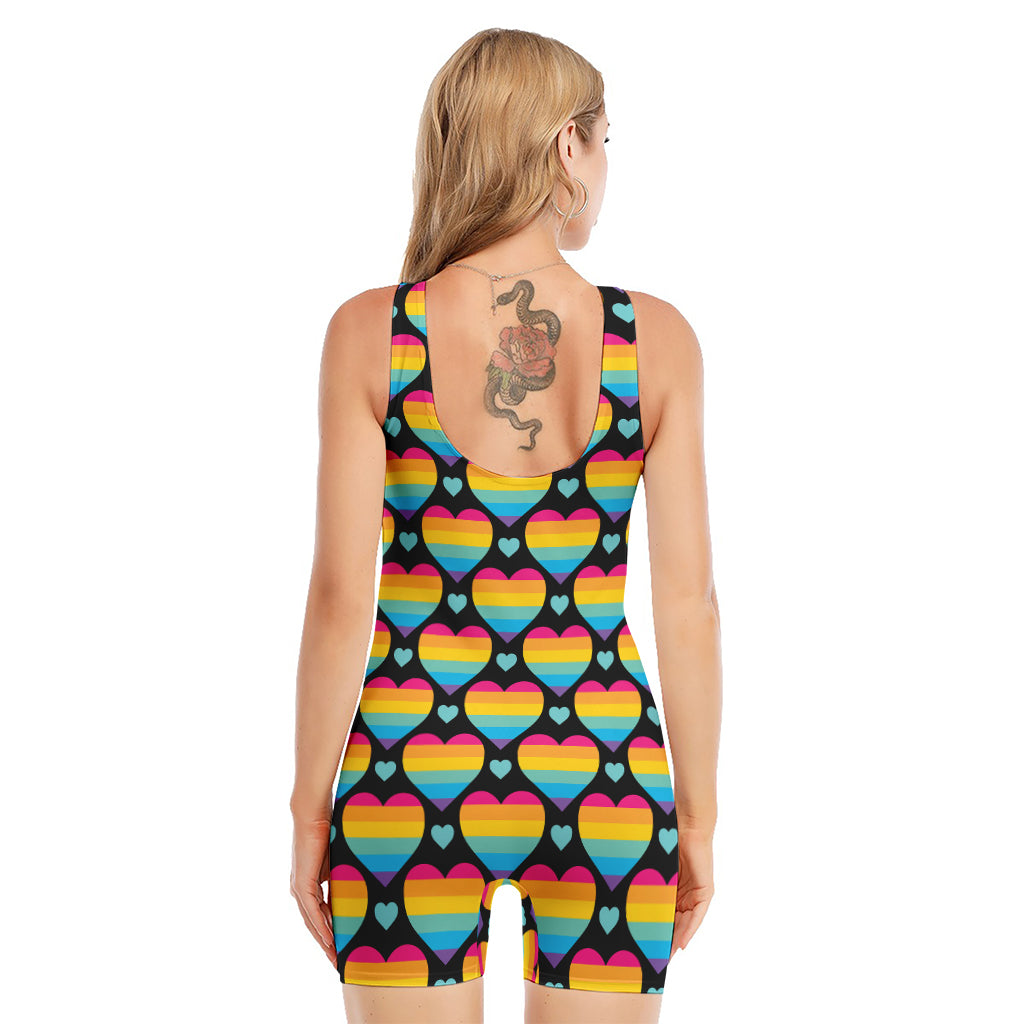 Rainbow LGBT Pride Heart Pattern Print Sleeveless One Piece Swimsuit