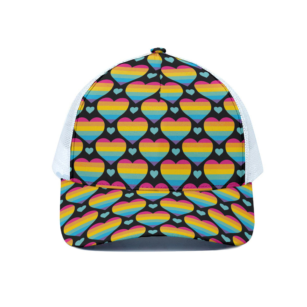 Rainbow LGBT Pride Heart Pattern Print White Mesh Trucker Cap