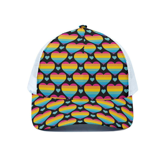 Rainbow LGBT Pride Heart Pattern Print White Mesh Trucker Cap