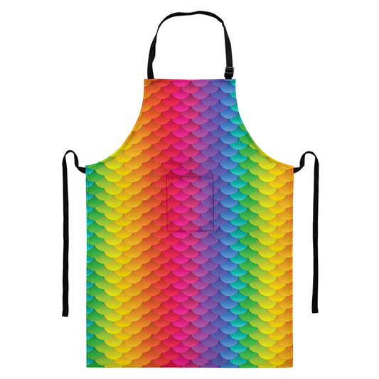 Rainbow Mermaid Scale Pattern Print Bib Apron With Pocket