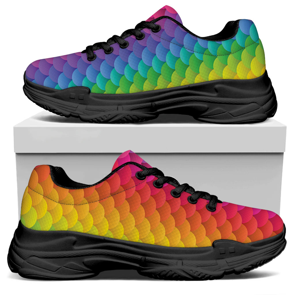 Rainbow Mermaid Scale Pattern Print Black Chunky Shoes