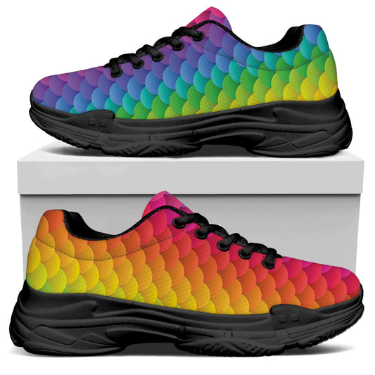 Rainbow Mermaid Scale Pattern Print Black Chunky Shoes