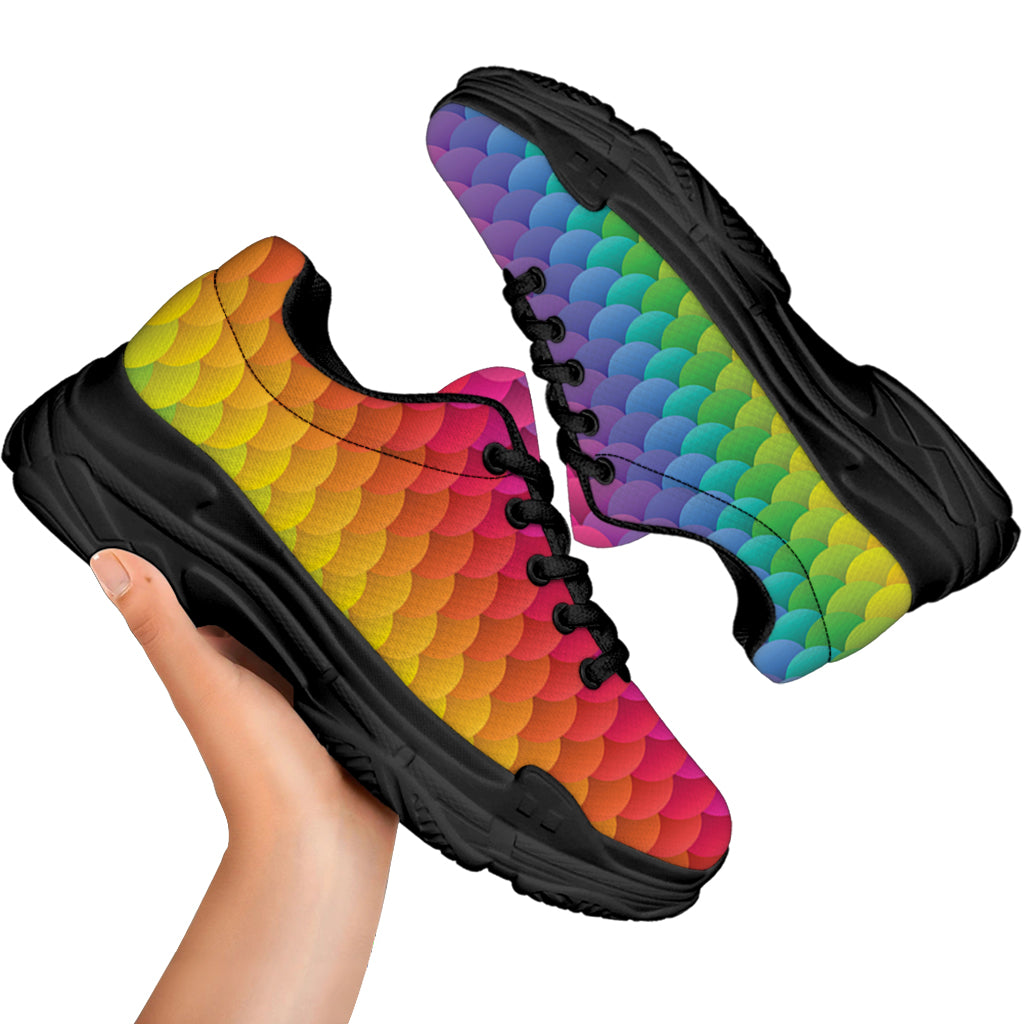 Rainbow Mermaid Scale Pattern Print Black Chunky Shoes