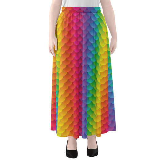 Rainbow Mermaid Scale Pattern Print Chiffon Maxi Skirt