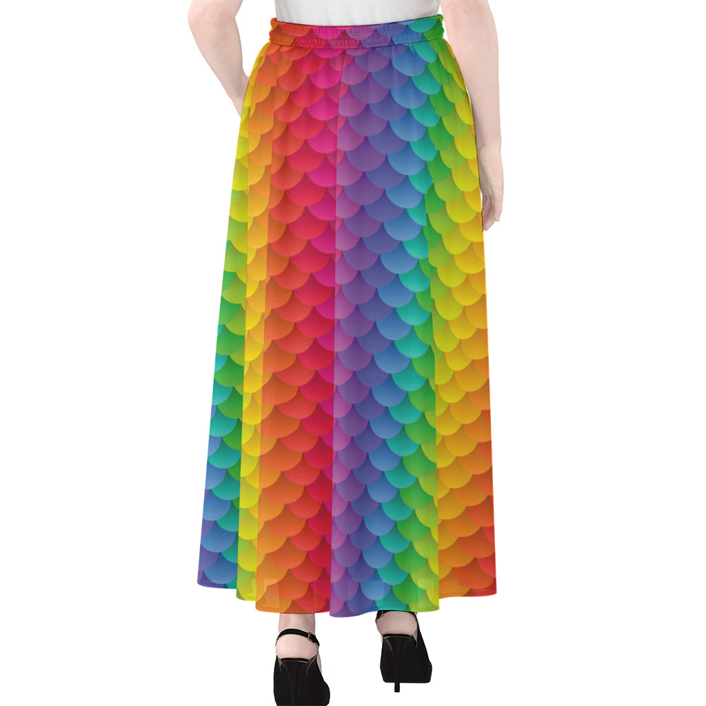 Rainbow Mermaid Scale Pattern Print Chiffon Maxi Skirt