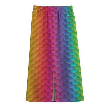 Rainbow Mermaid Scale Pattern Print Cotton Front Slit Maxi Skirt