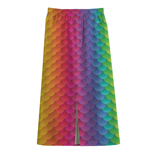 Rainbow Mermaid Scale Pattern Print Cotton Front Slit Maxi Skirt