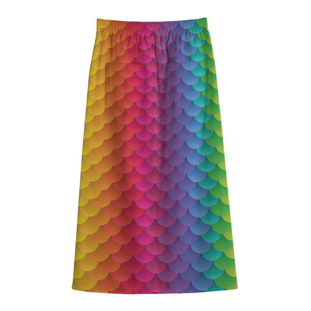 Rainbow Mermaid Scale Pattern Print Cotton Front Slit Maxi Skirt