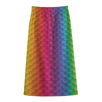 Rainbow Mermaid Scale Pattern Print Cotton Front Slit Maxi Skirt