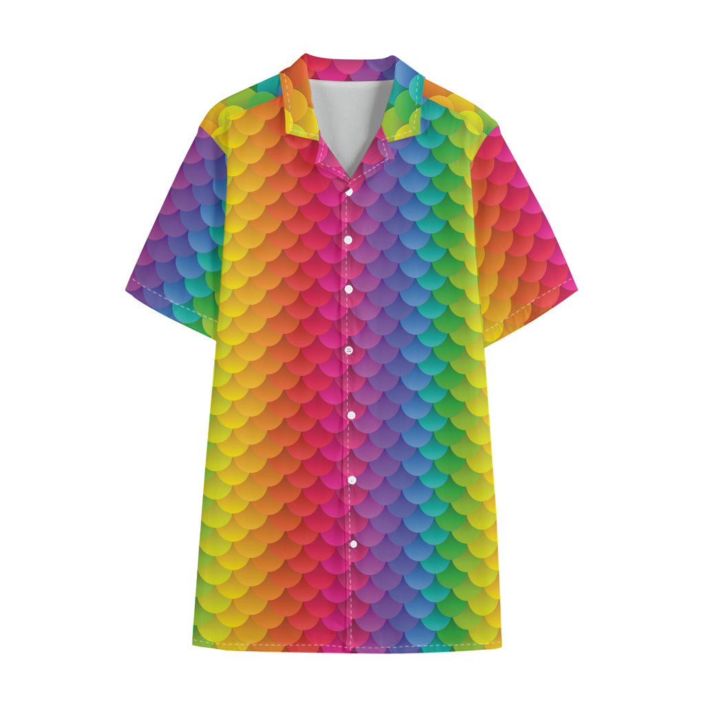 Rainbow Mermaid Scale Pattern Print Cotton Hawaiian Shirt